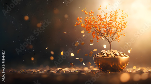 A beautiful tree with golden leaves growing from a pot of coins, symbolizing prosperity and abundance in a serene light. photo