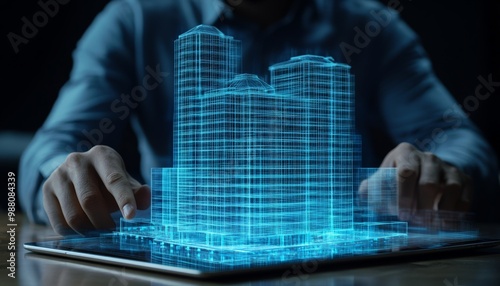 Fototapeta Naklejka Na Ścianę i Meble -  3D Building Model on Tablet.