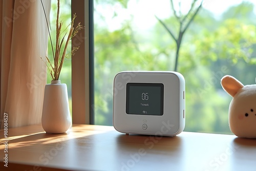 White Smart Home Device on a Wooden Table with a Vase and a Plush Toy