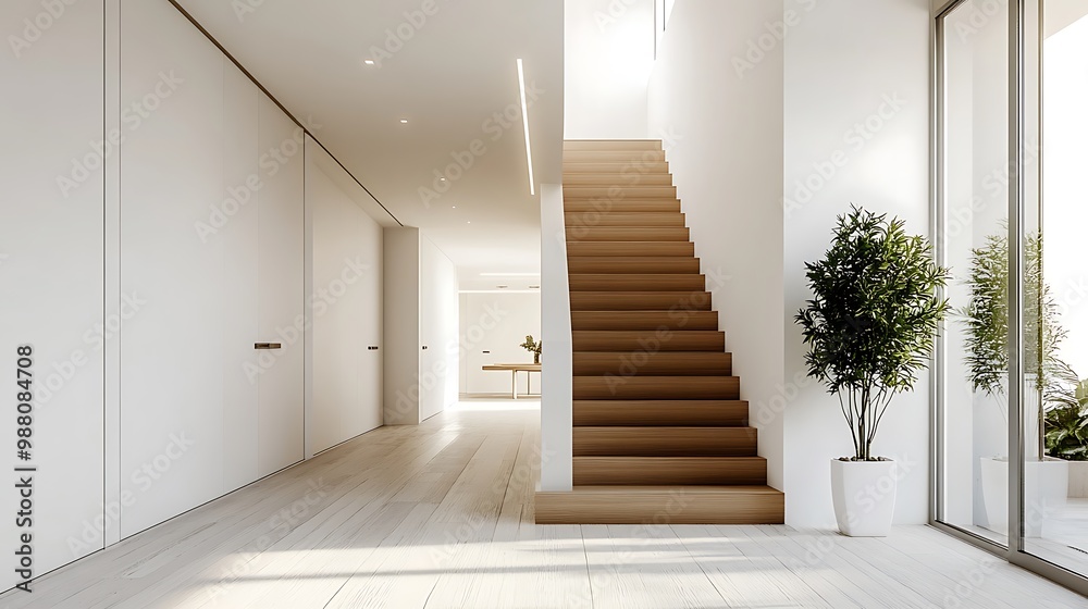 Minimalist Modern Interior with Wooden Staircase Minimalist Modern Interior with Wooden Staircase