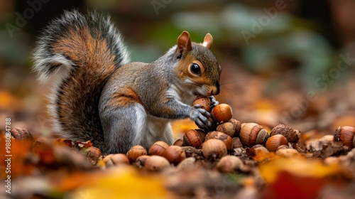 A gray squirrel with a bushy tail sits amongst a pile of acorns, eating one.