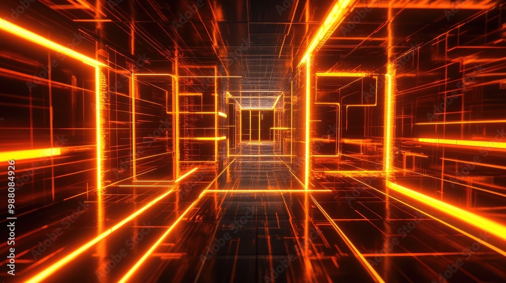 A futuristic 3D room illuminated by orange neon lights, creating abstract patterns and shapes that add depth and visual movement A futuristic 3D room illuminated by orange neon lights, creating abstract patterns and shapes that add depth and visual movement