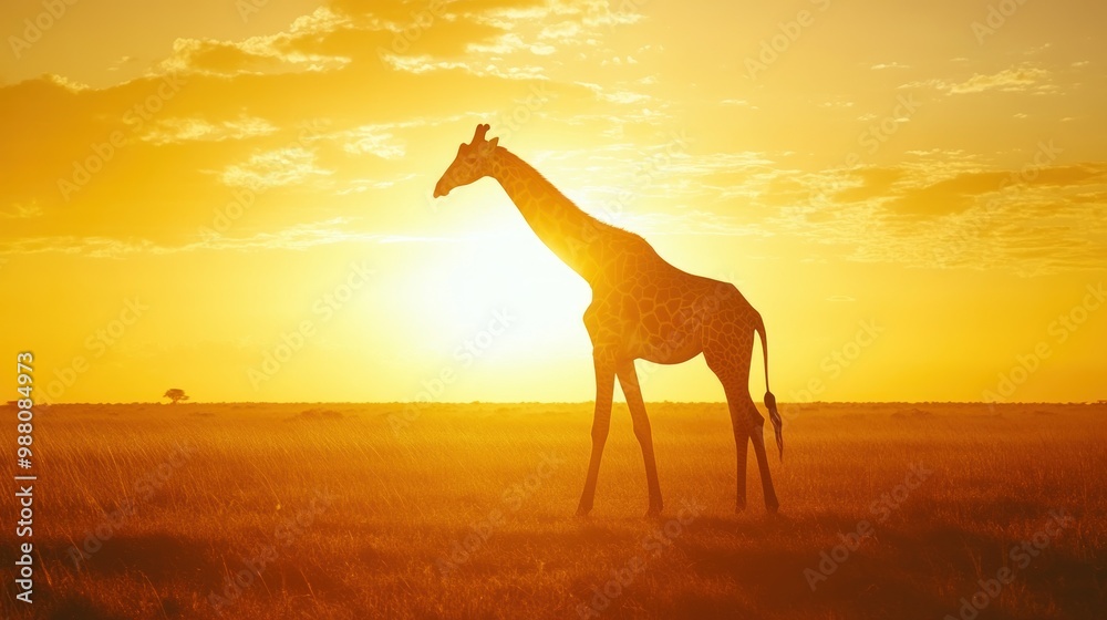 A silhouette of a giraffe against a vibrant sunset in a grassy landscape. A silhouette of a giraffe against a vibrant sunset in a grassy landscape.