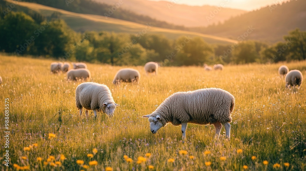 Fototapeta premium A serene landscape with sheep grazing in a sunlit field surrounded by wildflowers.