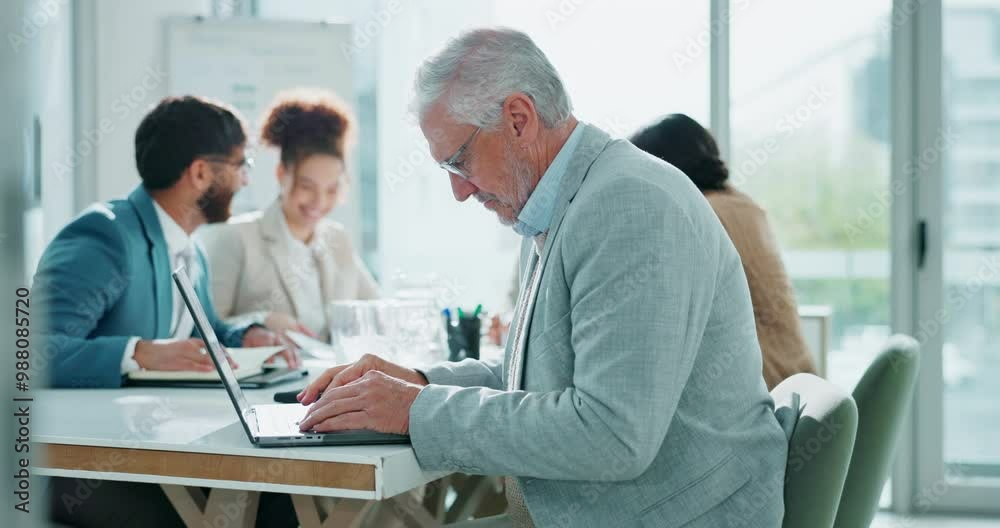 Mature businessman, thinking and typing with laptop for decision, communication or email in boardroom. Senior man, CEO or executive in wonder or thought on computer for business proposal at workplace Mature businessman, thinking and typing with laptop for decision, communication or email in boardroom. Senior man, CEO or executive in wonder or thought on computer for business proposal at workplace