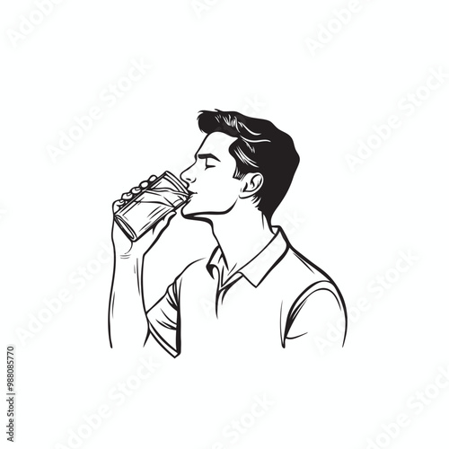 man drinking a glass of water vector drawing