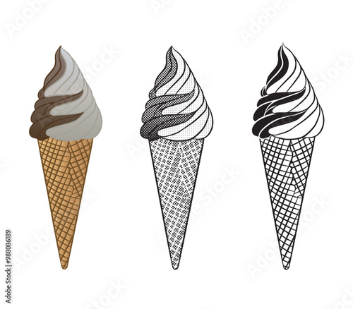 Chocolate and vanilla flavored ice cream cone. 