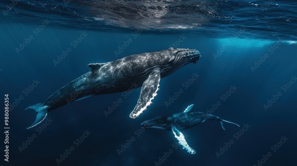 Naklejka premium Two humpback whales swimming gracefully in deep blue ocean waters.
