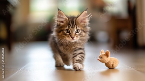 A playful kitten approaches a small toy mouse on a wooden floor.