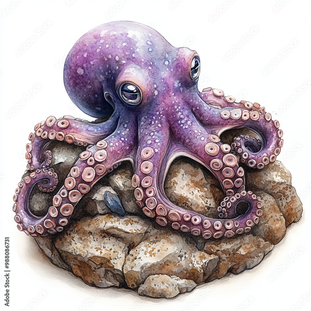 Fototapeta premium Colorful Cartoon Octopus Sitting on a Rock