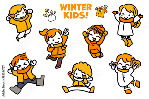 子供　ジャンプ　冬　雪　単色