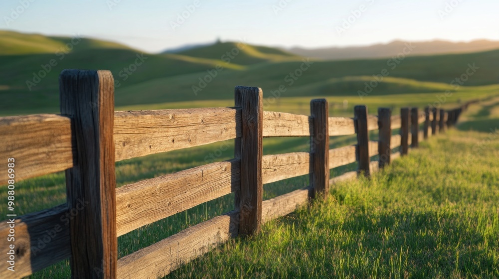 A wooden fence stretches across a lush green landscape under soft sunlight. A wooden fence stretches across a lush green landscape under soft sunlight.