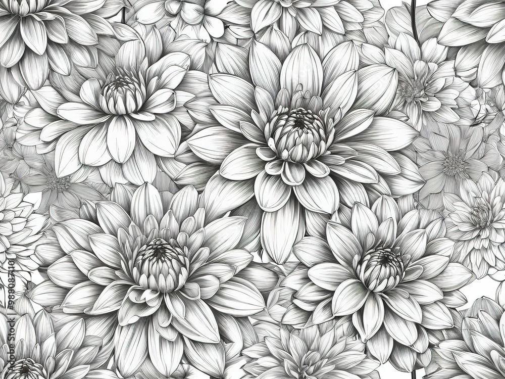 Elegant hand-drawn dahlia flowers, seamless black and white design. Elegant hand-drawn dahlia flowers, seamless black and white design.