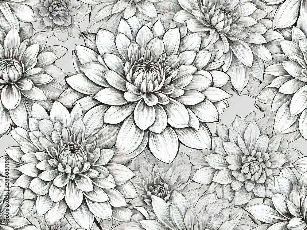 Seamless monochrome pattern of hand-drawn dahlia flowers, intricate detail. Seamless monochrome pattern of hand-drawn dahlia flowers, intricate detail.
