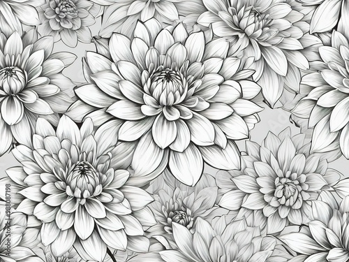 Seamless monochrome pattern of hand-drawn dahlia flowers, intricate detail.
