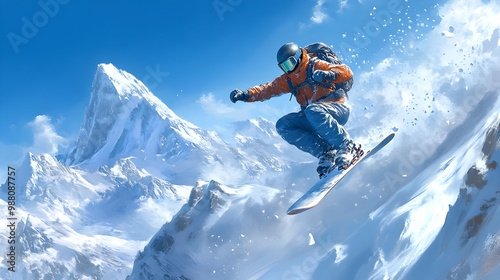 Snowboarder performing a jump in pristine snow against a bright blue sky and majestic mountain backdrop. photo