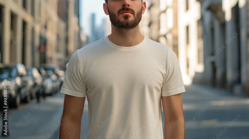 A man stands confidently on a city street, wearing a simple white t-shirt. A man stands confidently on a city street, wearing a simple white t-shirt.
