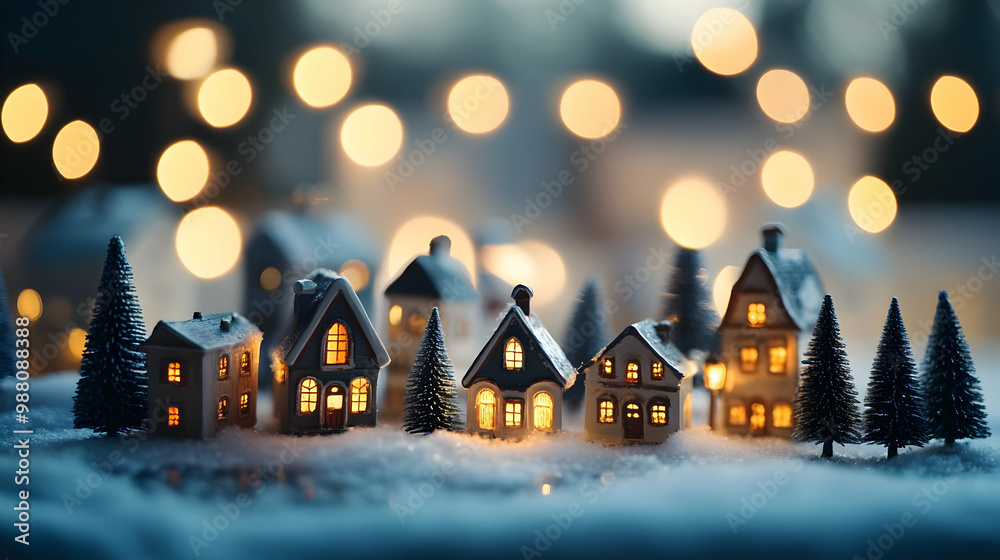 Fototapeta premium Charming miniature winter village scene with cozy houses and twinkling lights in a snowy setting.