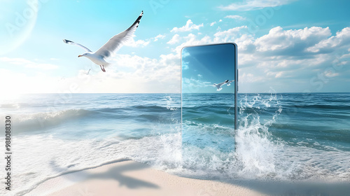 Smartphone emerging from ocean waves on a beautiful beach, representing modern technology and nature. photo