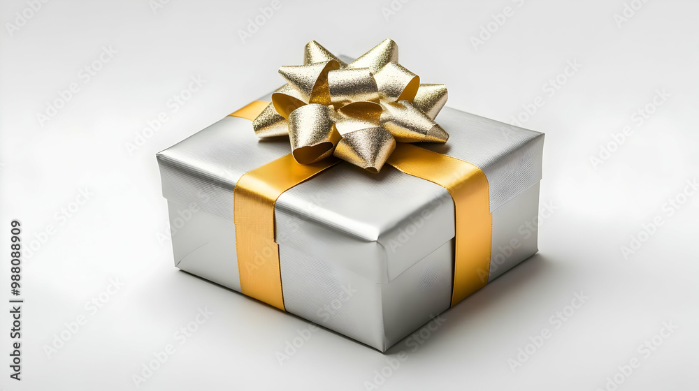 Elegant silver gift box with a golden ribbon and bow, perfect for special occasions. Elegant silver gift box with a golden ribbon and bow, perfect for special occasions.