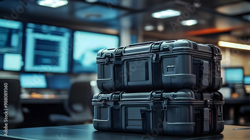 Professional black storage cases stacked on a workspace with high-tech monitors in background. photo