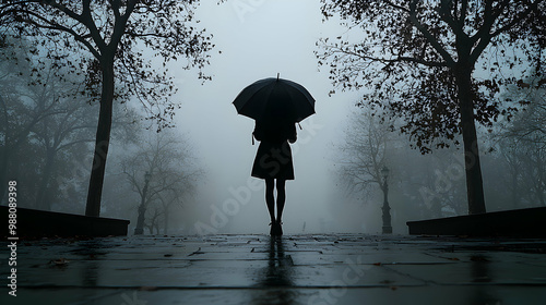 A silhouette of a person standing alone in a quiet park, an unused umbrella hanging limply from their hand, surrounded by barren trees and grey skies photo