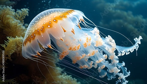 Graceful Papuan jellyfish, Mastigias papua, gliding through the serene underwater world photo