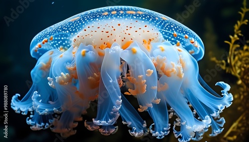 Graceful Papuan jellyfish, Mastigias papua, gliding through the serene underwater world photo