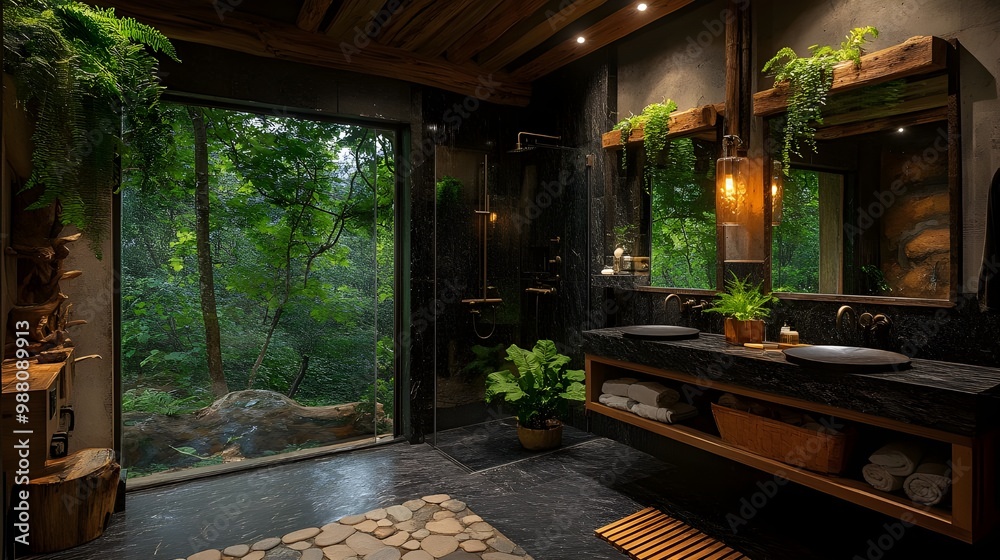 Fototapeta premium luxury bathroom interior design with bathtub, Modern, Elegance, Stylish dark themed Bathroom Design with Dark Aesthetic, architecture design, real estate housing project design