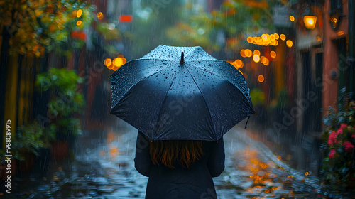 A person standing in the middle of a cobblestone street, back turned, holding an umbrella that remains unopened, rain softly falling around them