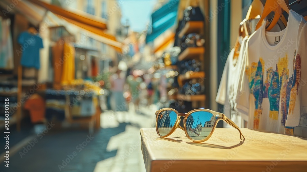 Vibrant Street Market with Sunglasses at the Foreground Vibrant Street Market with Sunglasses at the Foreground