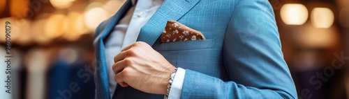 Elegant blue suit with brown floral pocket square photo