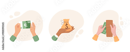Money in hand with euro banknote and wallet. Cash payment concept in financial exchange. Icon of currency set, flat illustration. Ideal for economy and business themes, suitable for transaction