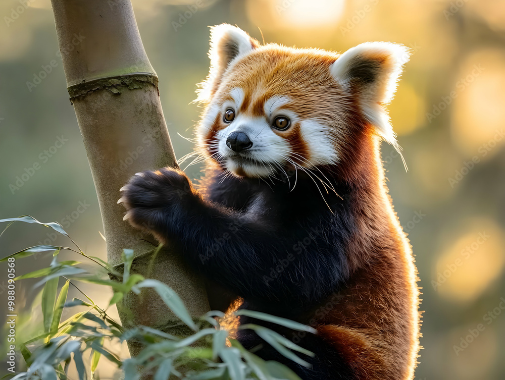 Fototapeta premium A cute red panda climbing a bamboo tree in a serene forest setting, capturing a moment of playful wildlife.