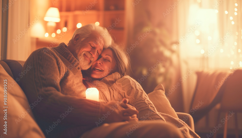 Happy smiling elderly couple sitting on sofa. Happy smiling elderly couple sitting on sofa.