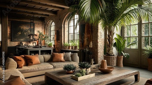 Cozy living room with plants and rustic decor  featuring a comfortable sofa and wooden table.