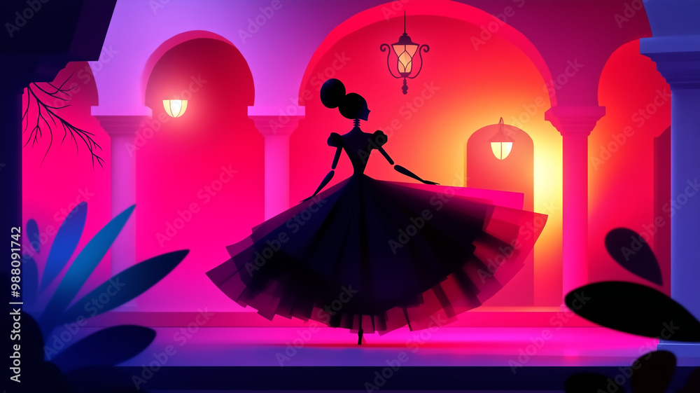 Elegant Silhouette of a Woman Dancing in a Vibrant, Colorful, and Mystical Courtyard at Night Elegant Silhouette of a Woman Dancing in a Vibrant, Colorful, and Mystical Courtyard at Night