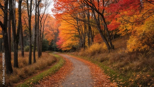 Enchanting Autumn Path Peaceful Forest Walk Amidst Fiery Fall Colors