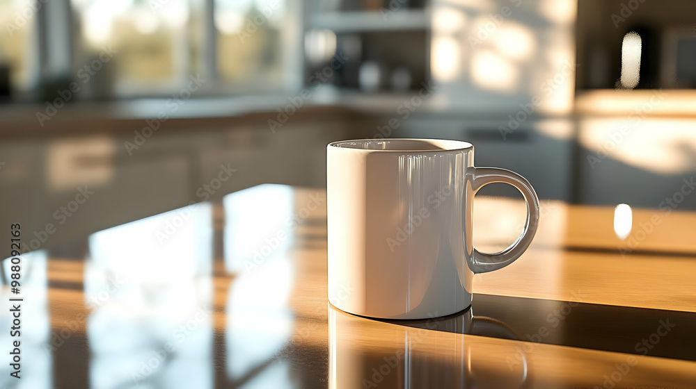 White coffee mug on a table in a sunlit kitchen, showcasing soft shadows and warm tones. White coffee mug on a table in a sunlit kitchen, showcasing soft shadows and warm tones.