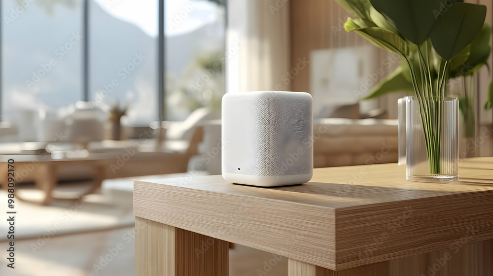 Modern smart speaker on a wooden table in a stylish living room with plants and natural light. Modern smart speaker on a wooden table in a stylish living room with plants and natural light.