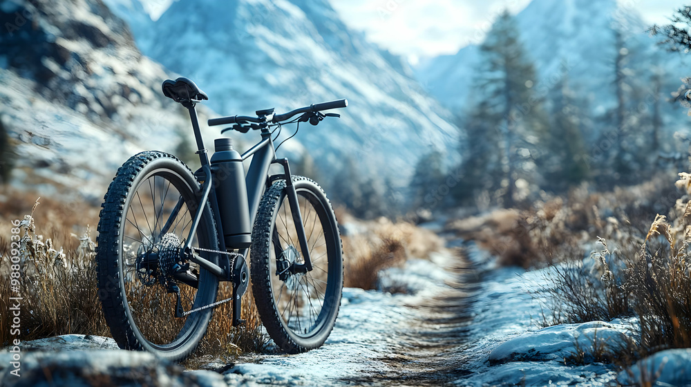 Mountain bike parked on a snowy trail with a serene winter landscape in the background. Mountain bike parked on a snowy trail with a serene winter landscape in the background.