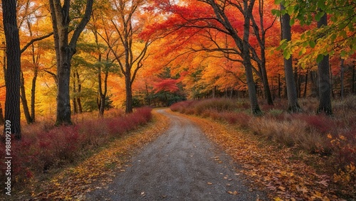 Enchanting Autumn Path Peaceful Forest Walk Amidst Fiery Fall Colors