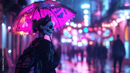 Neon-lit Street with Person in Skeleton Costume Holding Pink Umbrella on a Rainy Night