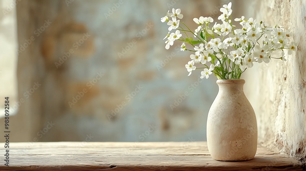 A minimalist vase holds delicate white flowers, enhancing the serene atmosphere of a rustic interior with soft, warm tones. A minimalist vase holds delicate white flowers, enhancing the serene atmosphere of a rustic interior with soft, warm tones.
