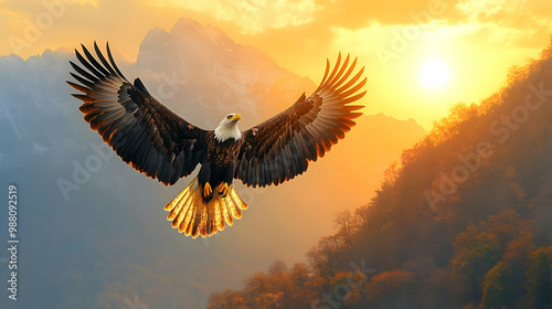 Majestic eagle soaring against a stunning sunset backdrop in mountainous terrain.