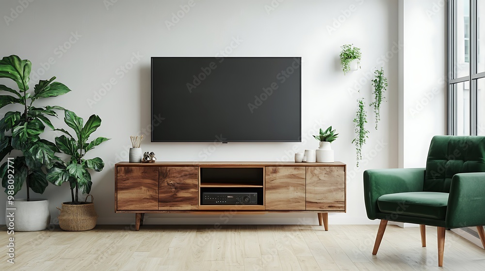 Modern Living Room with TV and Green Armchair Modern Living Room with TV and Green Armchair