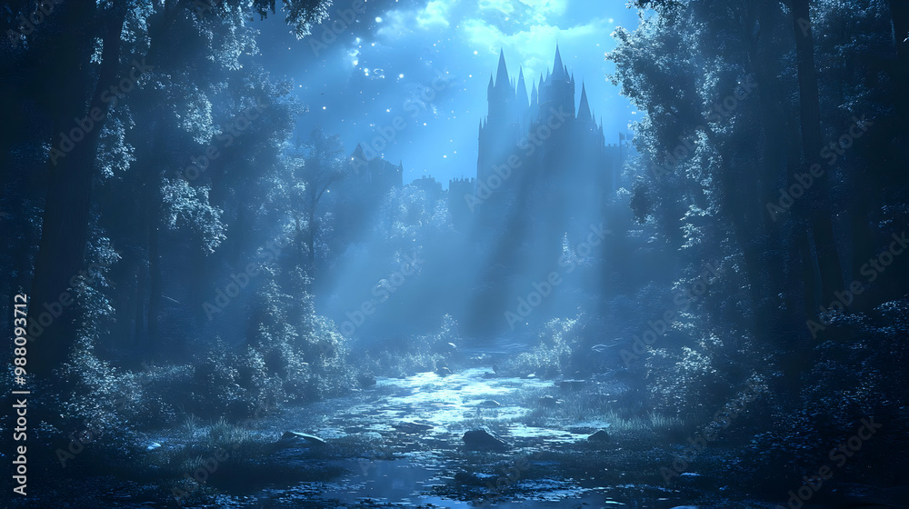 Fototapeta premium Mysterious forest with castle silhouette, illuminated by blue light beams filtering through the trees.