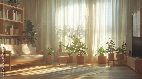 A serene living room with plants  light curtains  and wooden furniture  creating a cozy atmosphere.