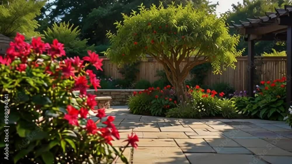 A backyard scene showcases a tree and blooming flowers. A stone patio sits in the foreground under a shaded trellis, flowers in a garden A backyard scene showcases a tree and blooming flowers. A stone patio sits in the foreground under a shaded trellis, flowers in a garden