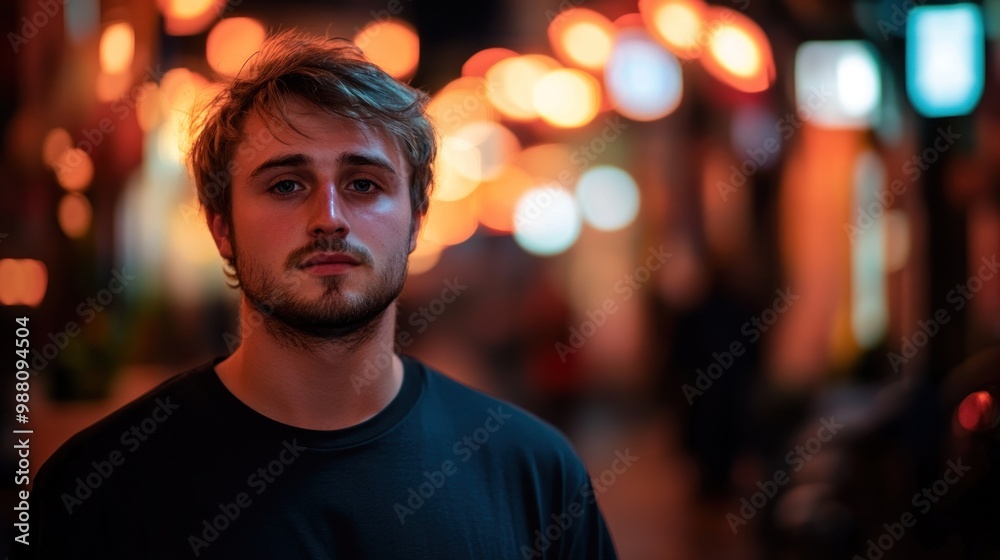 A young man stands in a softly lit alley, surrounded by blurred lights and a vibrant atmosphere. A young man stands in a softly lit alley, surrounded by blurred lights and a vibrant atmosphere.